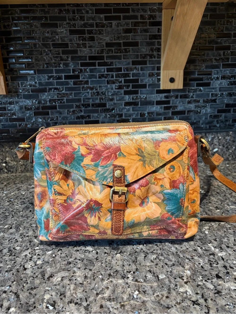 Patricia Nash Floral Crossbody Bag Brown Bright Floral Flowers Leather Boho